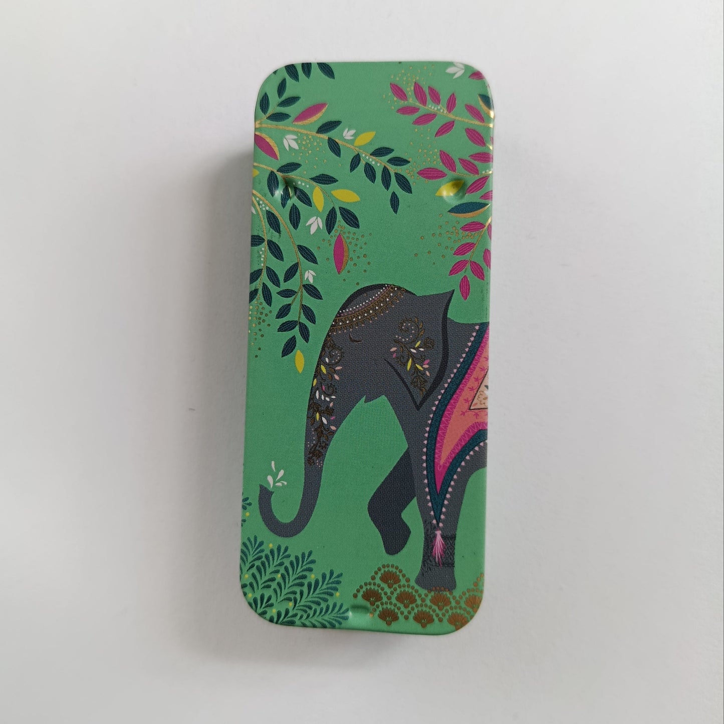 Rectangular Slider Tin designed by Sara Miller, Green Background with an elephant