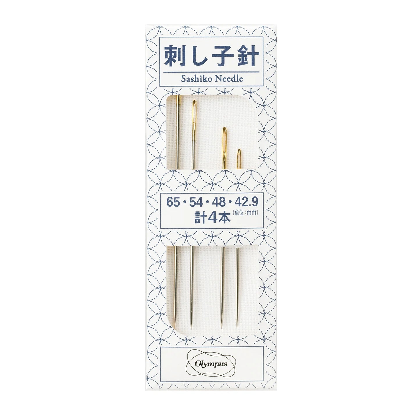 Pack of 4 Sashiko Needles from Olympus, in lengths 65mm 54mm, 48mm and 42.9mm