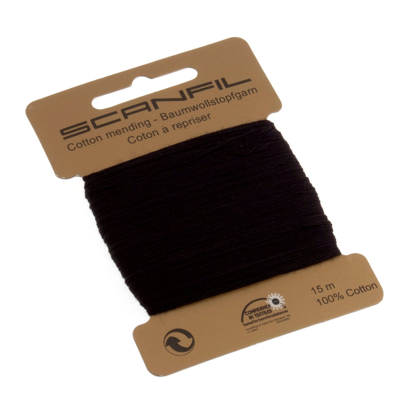 Black thread on a Scanfil spool with a beige label on a white background