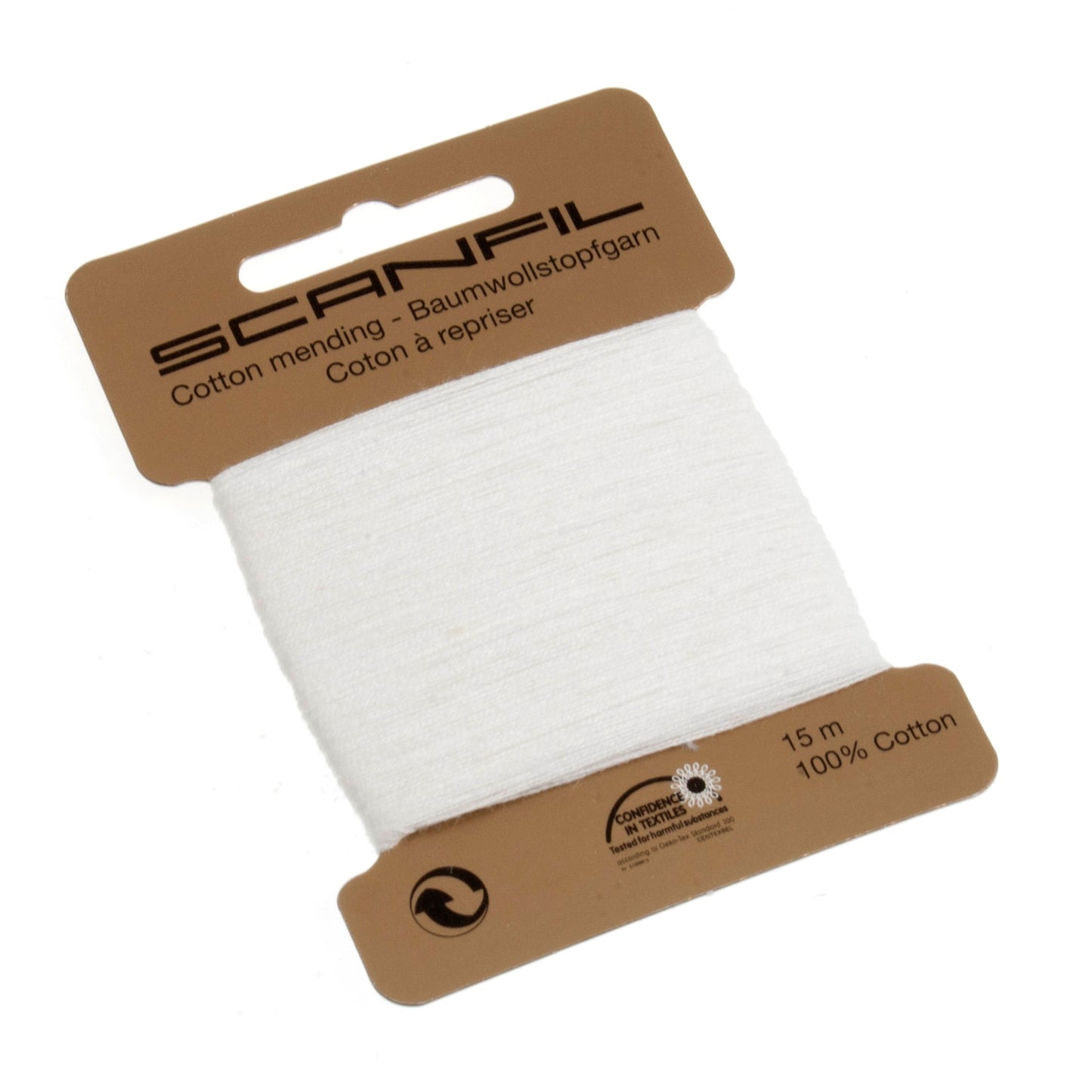 Spool of white thread with a Scanfil label on a white background