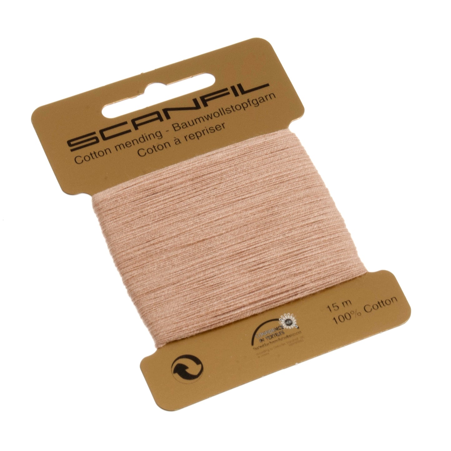 Spool of beige thread on a Scanfil branded card with a white background