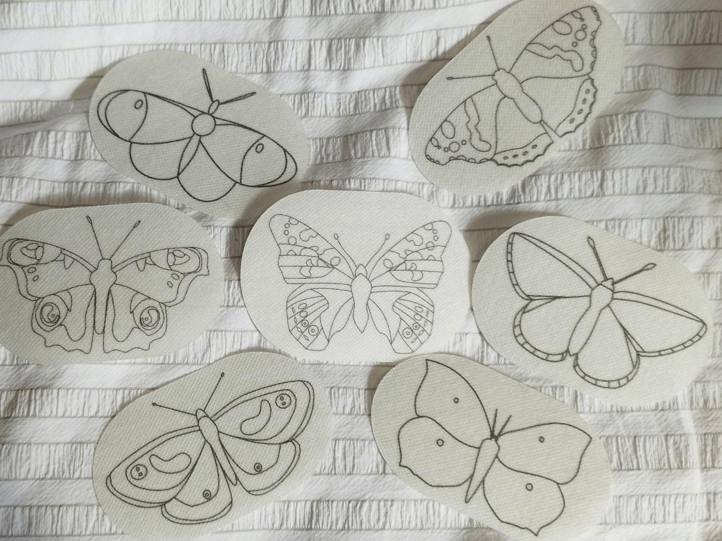English Butterfly Stick and Stitch Washable Transfers, Peacock, Red Admiral, Orange Tip, Meadow Brown, Common Blue, Painted Lady, Brimstone