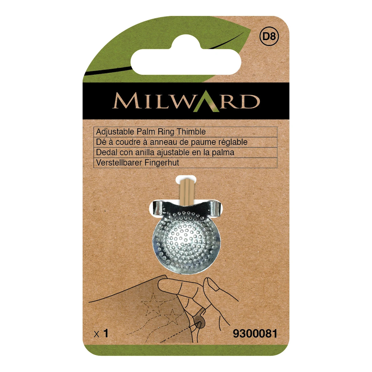 Milward adjustable palm ring thimble packaging on a white background