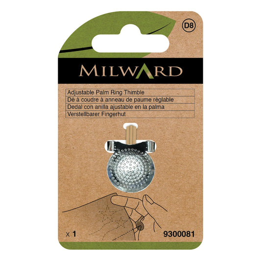 Milward adjustable palm ring thimble packaging on a white background