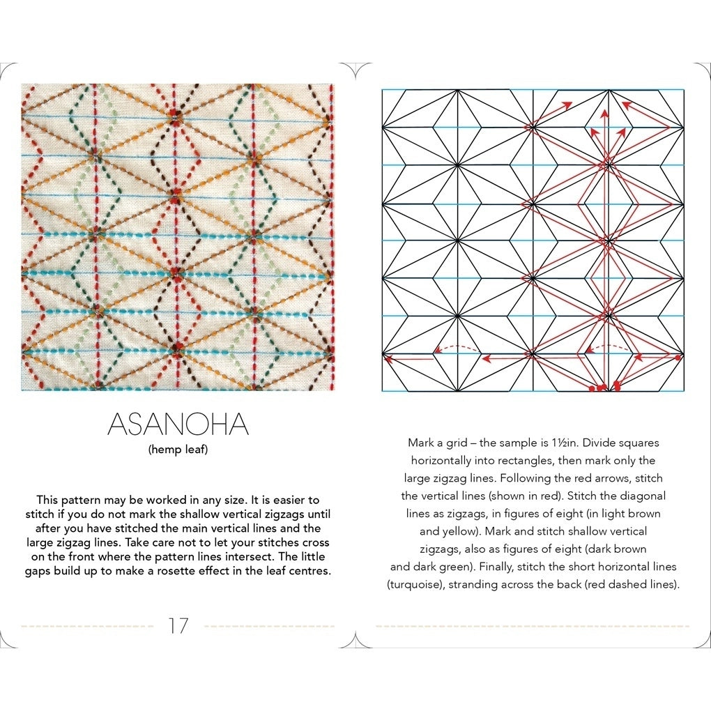 A two-page sewing pattern sheet showing the 'ASANOHA (hemp leaf)' stitch design. The left page features a finished sample of the zigzag pattern in red, blue, and green threads, accompanied by instructions and a size note of 17.