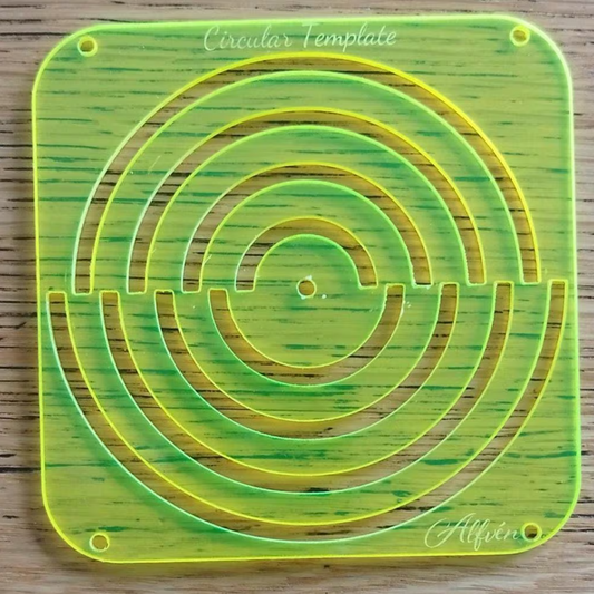 Circular template with concentric semi circles on a wooden surface