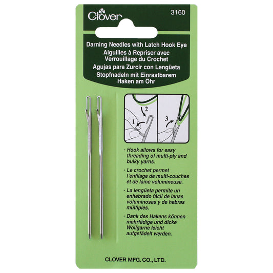 Clover darning needles with latch hook eye packaging on a white background