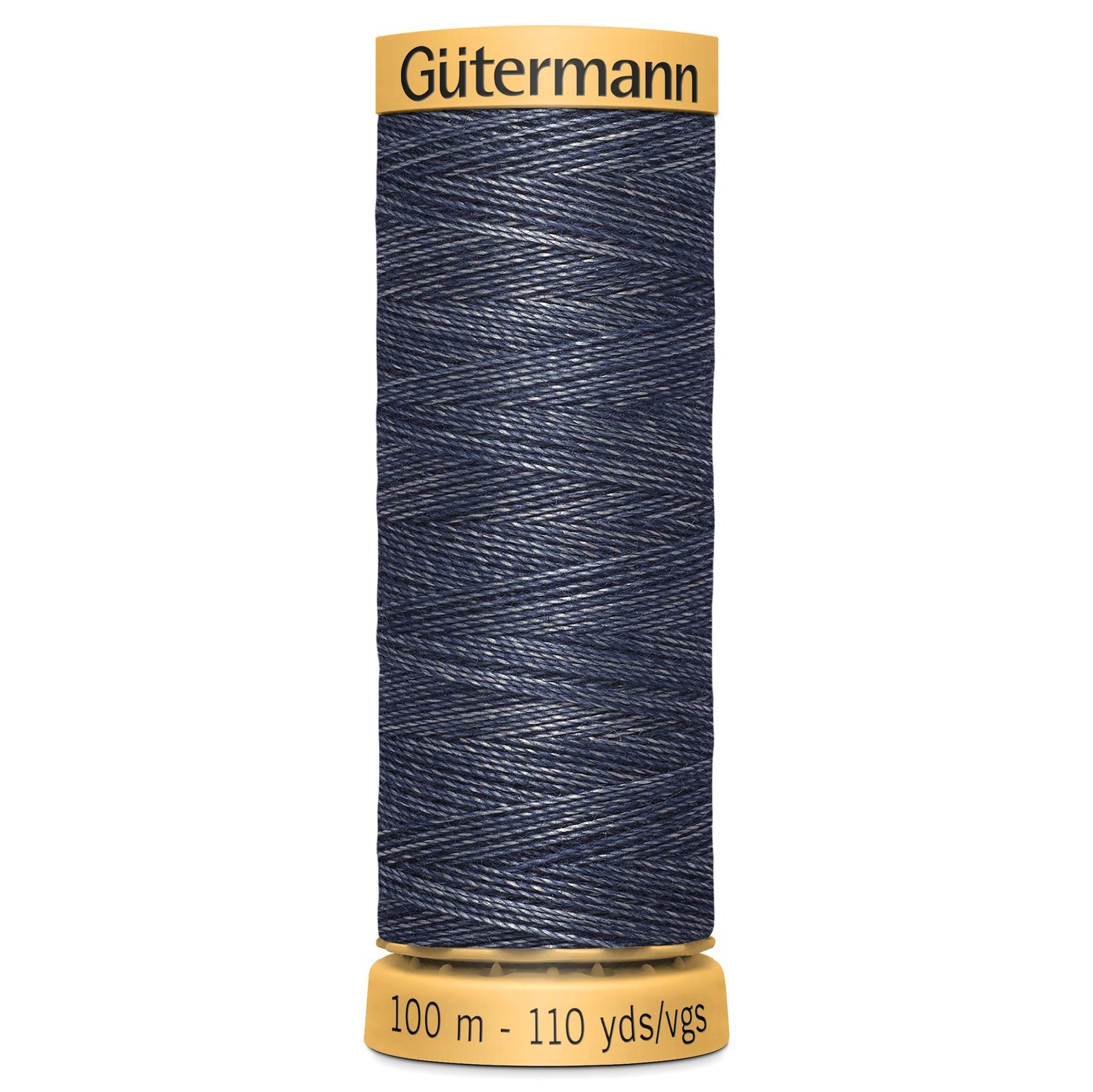 Spool of Gutermann denim thread on a white background