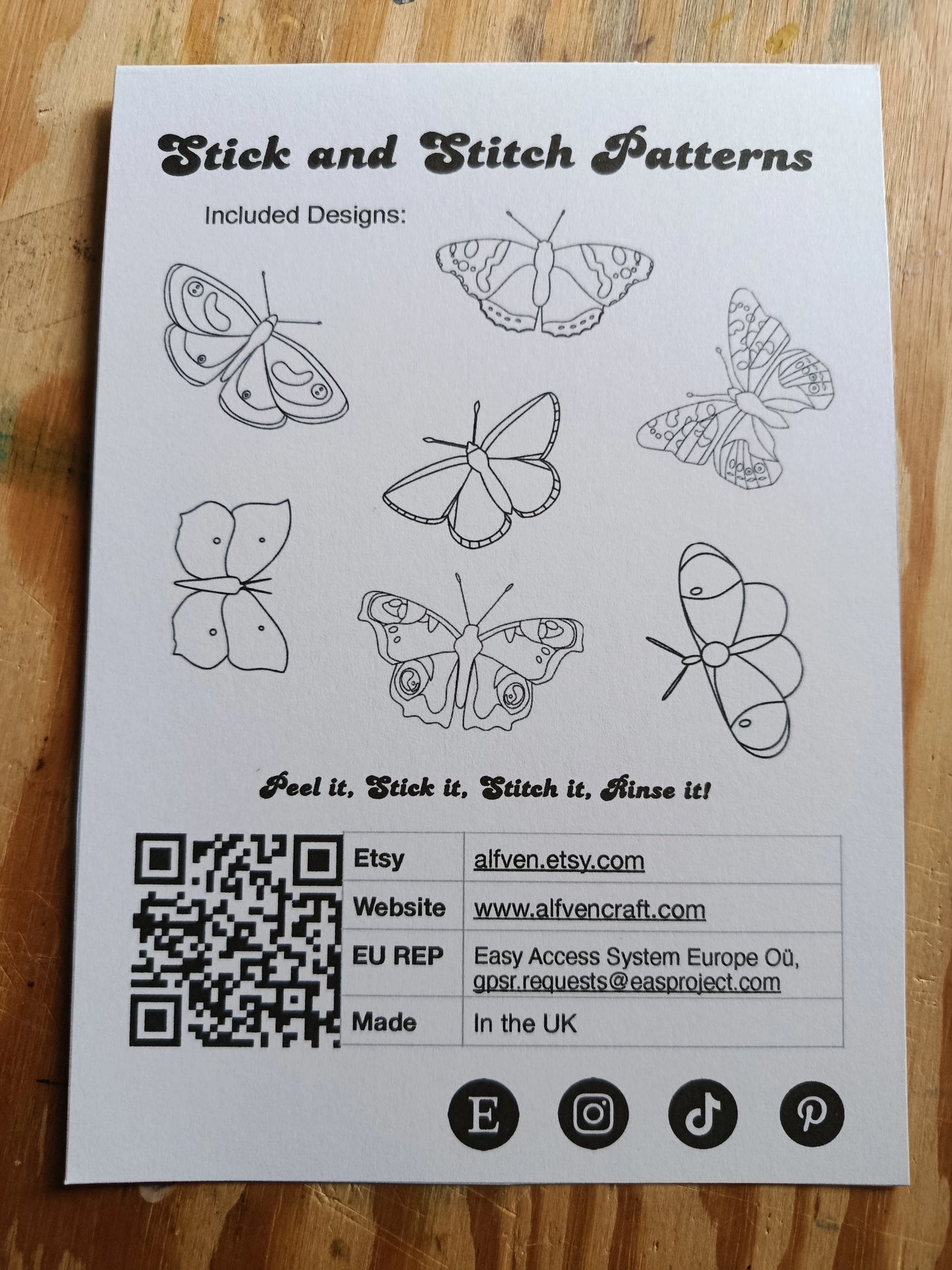 English Butterfly Stick and Stitch Washable Transfers, Peacock, Red Admiral, Orange Tip, Meadow Brown,  Common Blue, Painted Lady, Brimstone