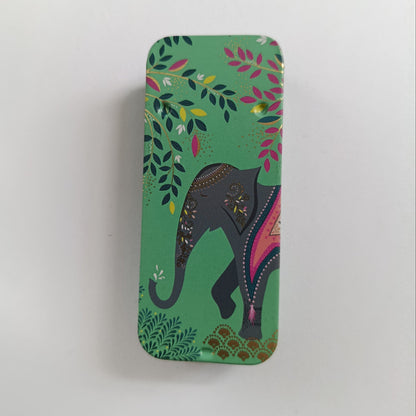 Rectangular Slider Tin designed by Sara Miller, Green Background with an elephant
