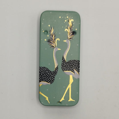 Green slider tin with two ostriches on the lid with gold accents
