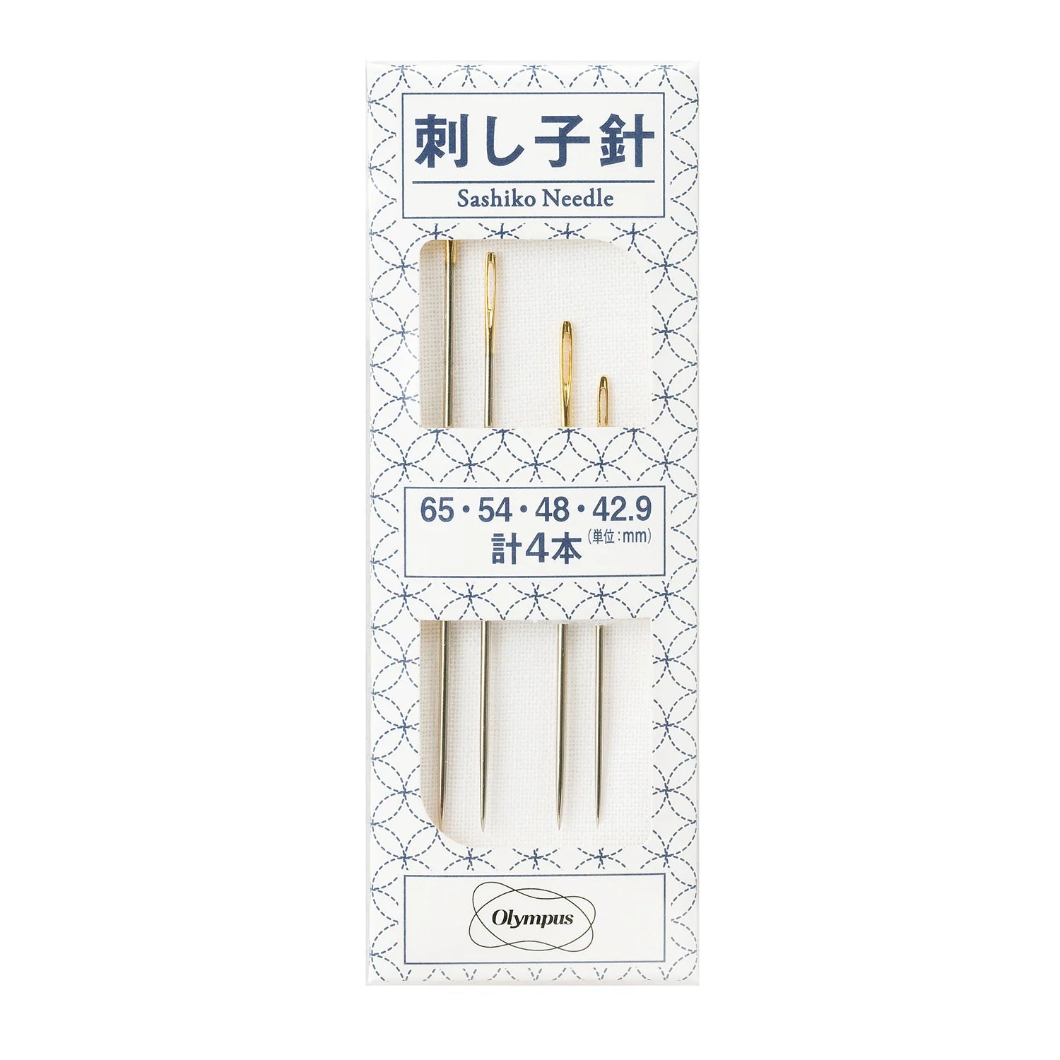 Pack of 4 Sashiko Needles from Olympus, in lengths 65mm 54mm, 48mm and 42.9mm