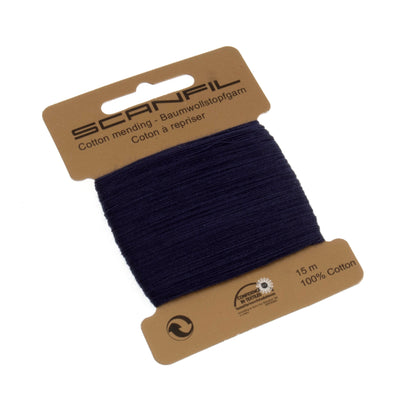 Spool of dark blue thread on a Scanfil branded card with a white background