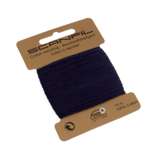 Spool of dark blue thread on a Scanfil branded card with a white background