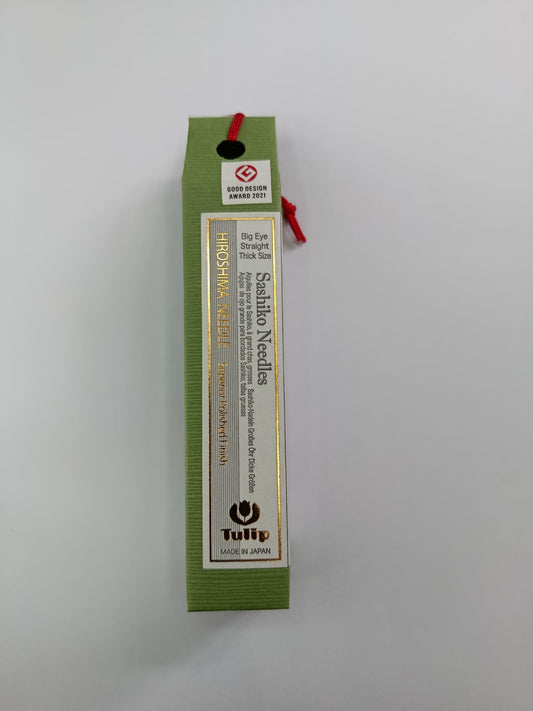 Green box of Needles with White Label reading "Big Eye, Straight, Thick Size Sashiko Needles"