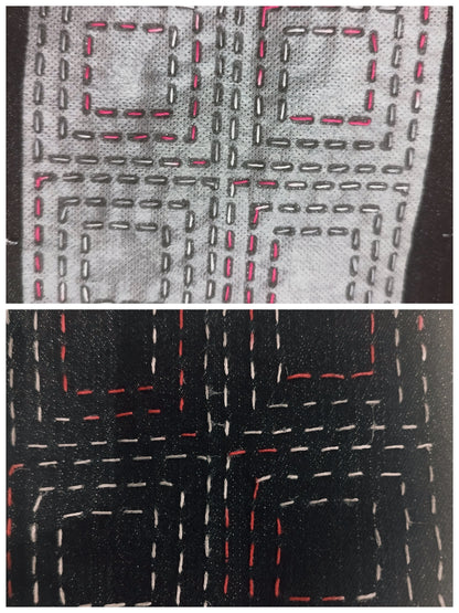 Top half of image shows pink and white stitching through the white transfer on denim fabric of the concentric square design. Bottom image shows stitching after the transfer has been washed away.
