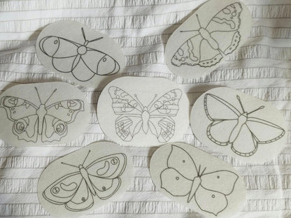 English Butterfly Stick and Stitch Washable Transfers, Peacock, Red Admiral, Orange Tip, Meadow Brown,  Common Blue, Painted Lady, Brimstone