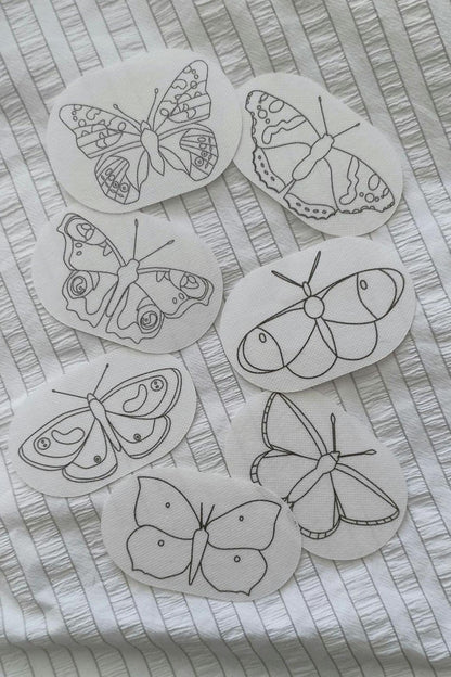 English Butterfly Stick and Stitch Washable Transfers, Peacock, Red Admiral, Orange Tip, Meadow Brown,  Common Blue, Painted Lady, Brimstone
