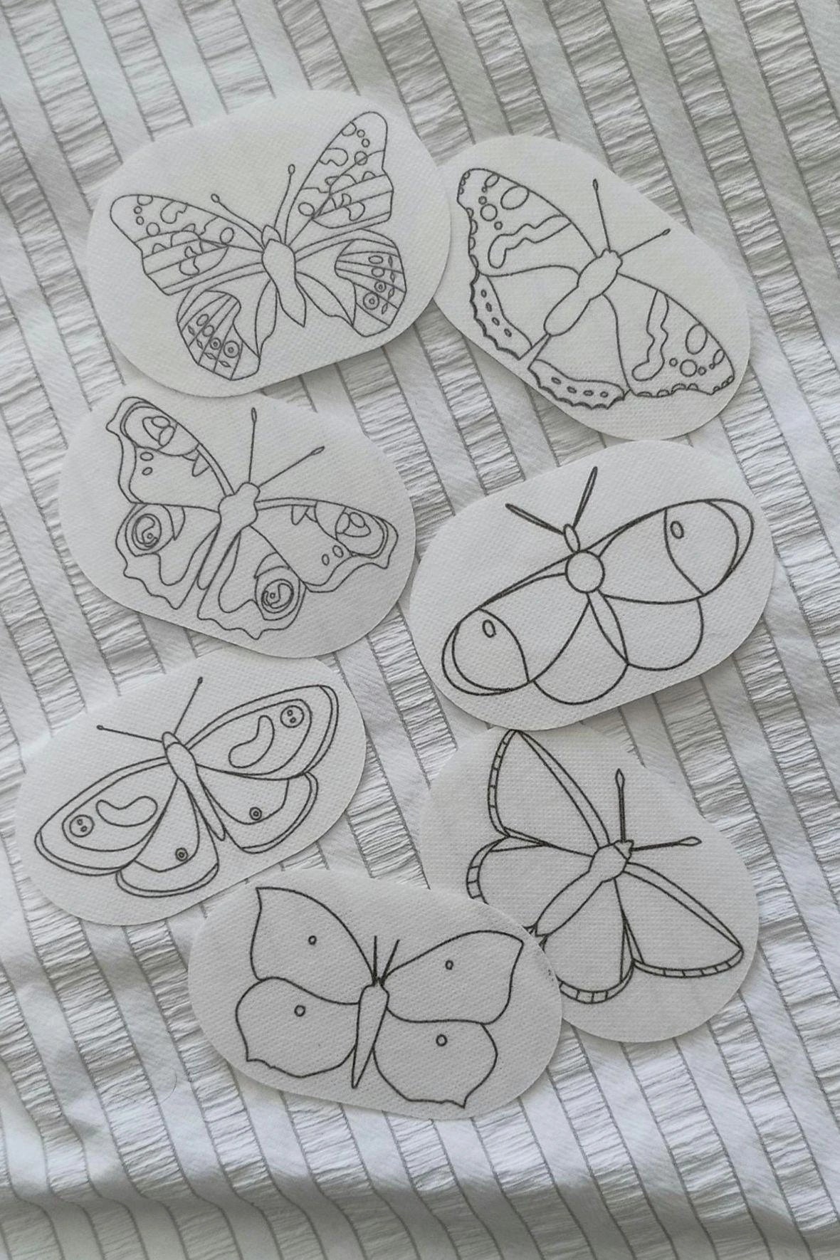 English Butterfly Stick and Stitch Washable Transfers, Peacock, Red Admiral, Orange Tip, Meadow Brown,  Common Blue, Painted Lady, Brimstone