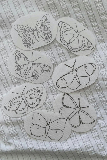 English Butterfly Stick and Stitch Washable Transfers, Peacock, Red Admiral, Orange Tip, Meadow Brown,  Common Blue, Painted Lady, Brimstone